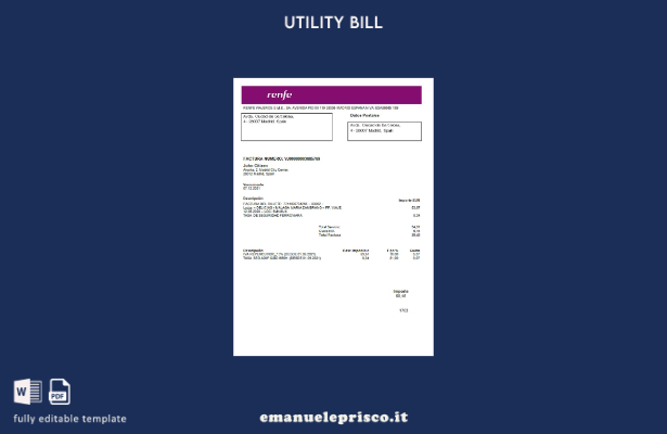 modello di bolletta delle utenze Spagna Renfe stile verificato